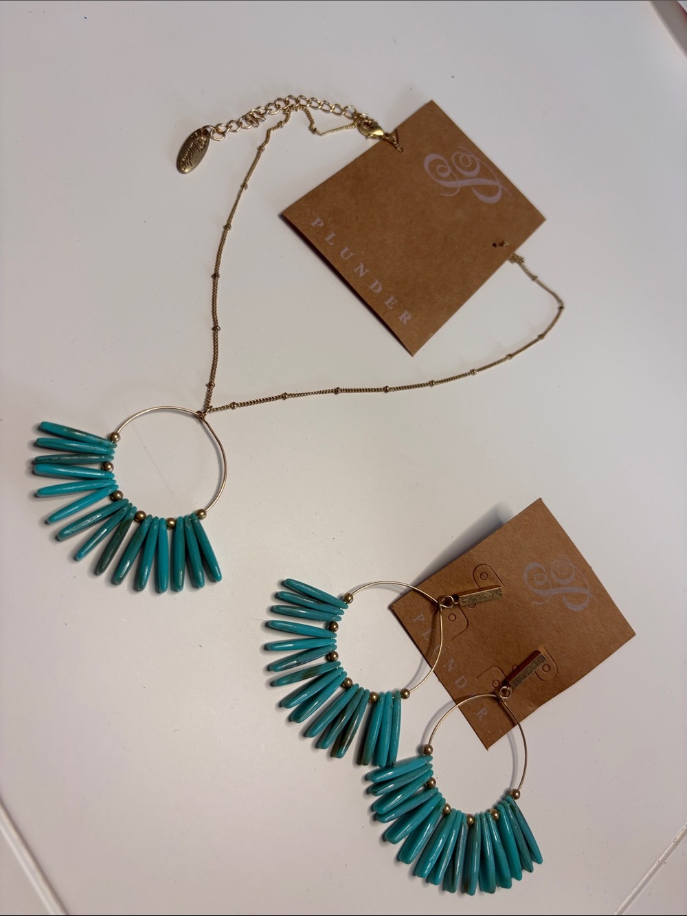 Plunder Gold-Tone Necklace and Hoop Earrings with Teal Spike Accents NEW NWT